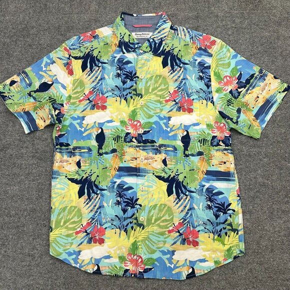 Tommy Bahama Shirt Men's Medium Multicolor Tropical Print Hawaiian Button-Up - Picture 1 of 9
